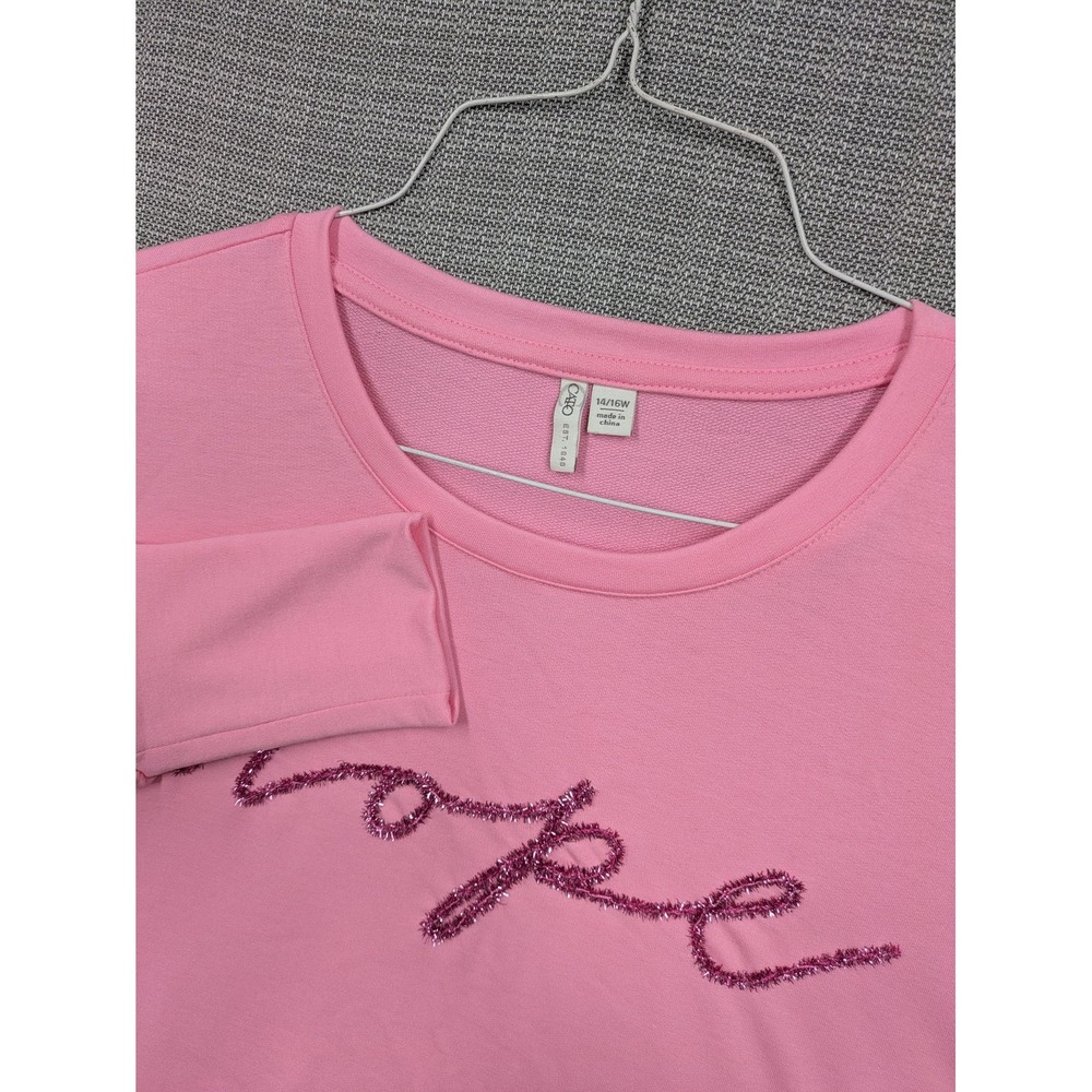 Cato Shirt Womens 14/16W Pink Hope October Glitter Long Sleeve Crew Neck